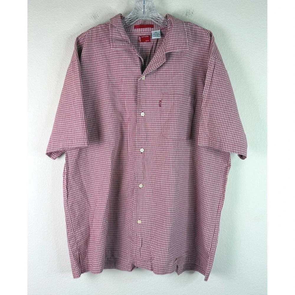 Levis Button Down Shirt Mens XL Red White Micro Check Short Sleeve Camp Collar